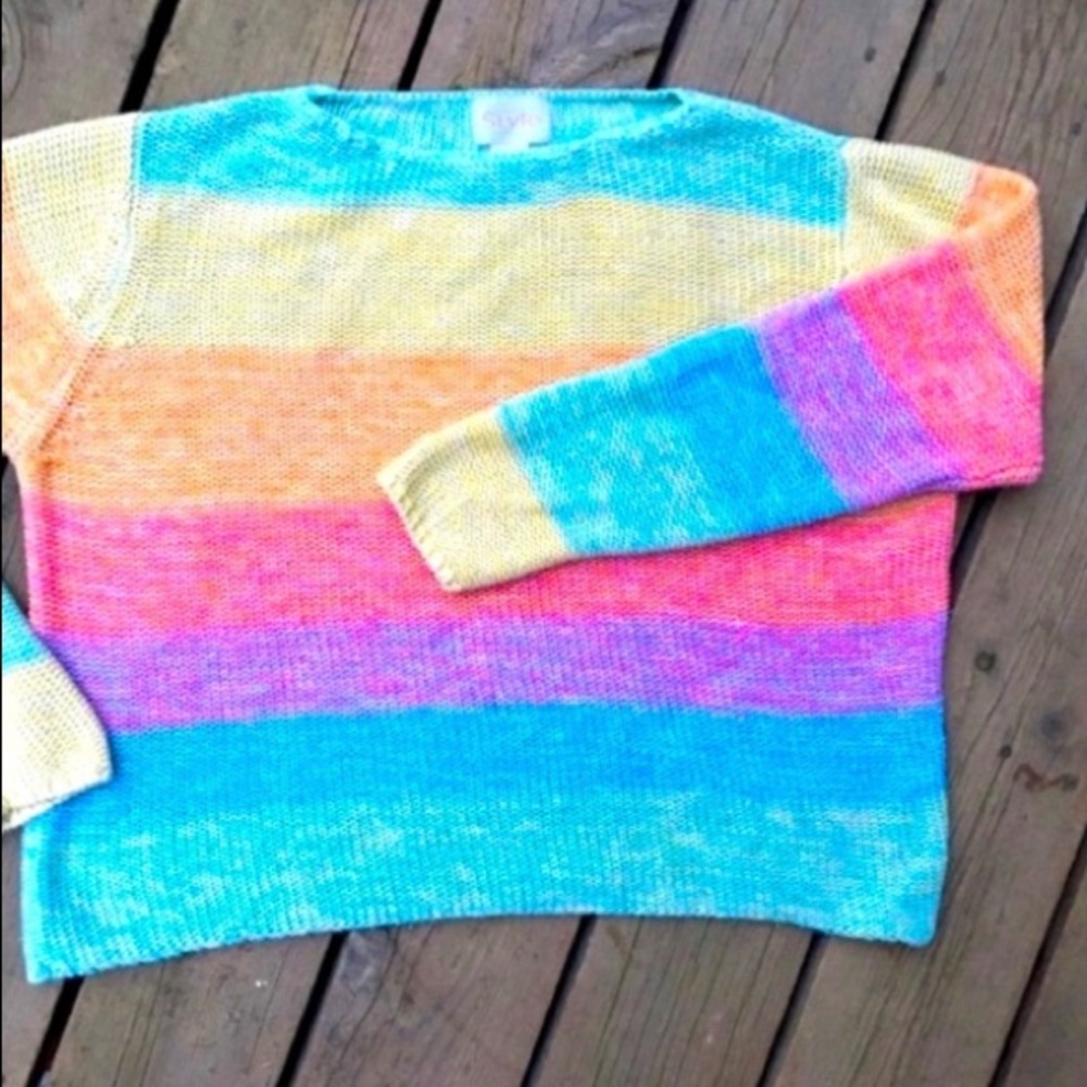 CALIFORNIA STYLE Vintage Rainbow Blue Purple Pink Green Cotton Sweater Large